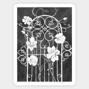 Clematis Flower and Vine on Wrought Iron Trellis, Black and White Sticker